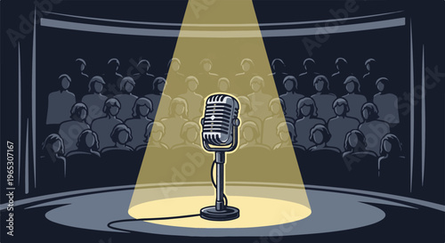 Spotlight on a vintage microphone before an audience in a dim theater