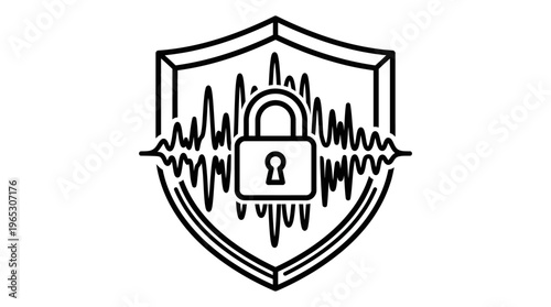 Secure audio signal protection concept featuring a lock symbol overlaid on a dynamic sound wave within a shield outline.