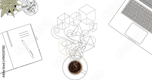 Overhead view of a minimalist desk with a hot coffee cup symbolizing innovative ideas, creative thinking, and design inspiration emerging from steam.