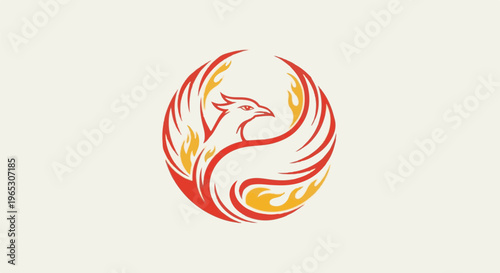 Stylized fiery bird in a circular emblem