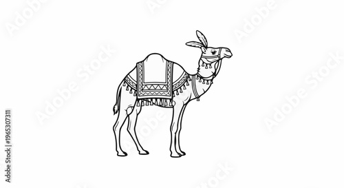Stylized line art of a camel with decorative saddle and tassels