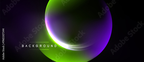 Abstract vibrant design features glowing orb, gradient colors, dark background. Modern aesthetic, suitable for digital projects.
