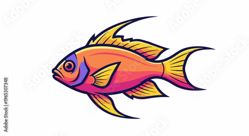 Stylized fish with vibrant orange, pink, and purple hues, on white