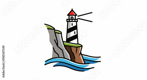 Stylized lighthouse perched on rocky cliff with waves below