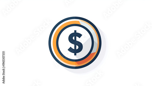Blue and gold icon coin illustration with dollar currency symbol on center in flat style