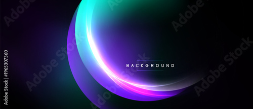 Abstract design features vibrant curves, gradients. Dark background emphasizes glowing light effects, creating modern aesthetic.
