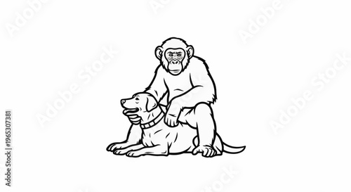 Stylized line art of a chimpanzee sitting on a dog's back