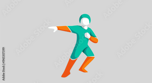 Stylized figure in motion, dynamic pose, superhero-like attire
