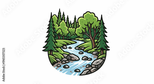 Stylized forest scene with a winding stream and rocks
