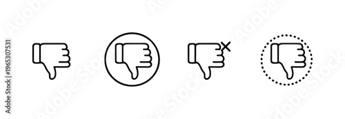 Minimal monochrome thumbs-down icon set showing disapproval, negative rating, rejection and dislike symbols in outlined style on a dark gradient background