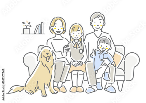 A simple yet stylish line drawing illustration of a smiling family and their pet dog sitting together on a sofa.