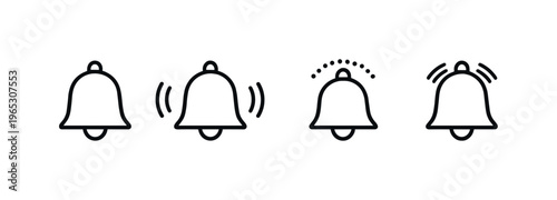 Minimal notification bell icon set showing silent, vibrating, ringing, and alert states on a dark gradient background for interface communication concepts