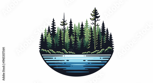 Stylized forest with a calm lake reflecting the trees in a circular frame