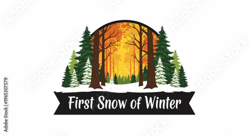 Stylized forest with autumnal trees and snow-dusted evergreens