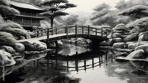 Traditional Japanese Garden with Wooden Bridge and Water Reflection in Black and White