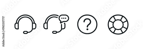 Minimal black customer support icons on a dark gradient background featuring headset assistance, chat communication, help question mark, and loading symbol