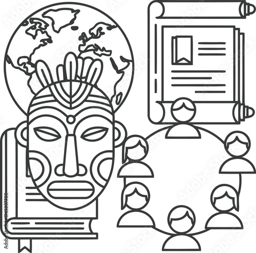 A black and white line art illustration representing global culture and social study elements