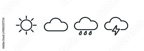 Minimal black weather forecast icons showing sunny, cloudy, rainy, and thunderstorm conditions in a clean line style on a dark background