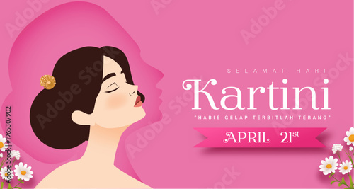 Kartini Day Poster with Indonesian Woman Portrait on Pink Floral Background