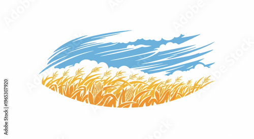 Stylized golden cornfield beneath a vibrant, windswept blue sky