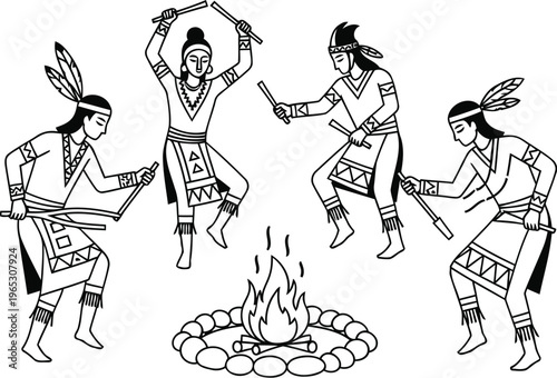 A black and white illustration showing native american people dancing around a traditional campfire
