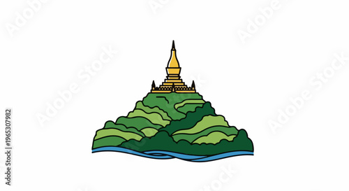 Stylized golden stupa crowning a green, layered hill with water below