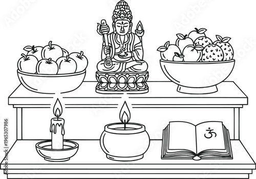 A detailed line art illustration of a spiritual altar featuring a buddha statue and offerings