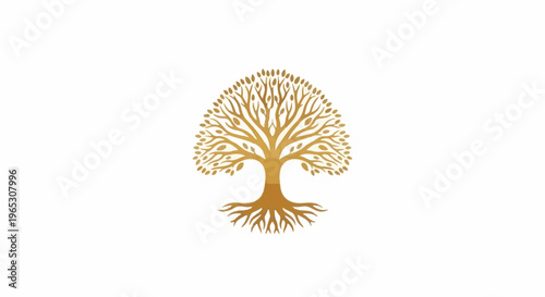 Stylized golden tree with visible roots and scattered leaves