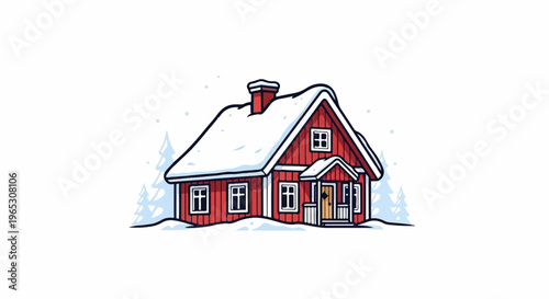 A charming red cottage sits nestled in a snowy landscape with trees