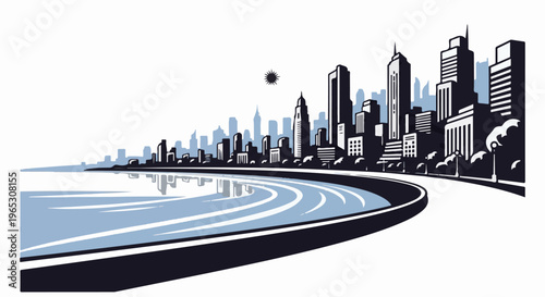 Stylized graphic of a curved waterfront promenade with a city skyline