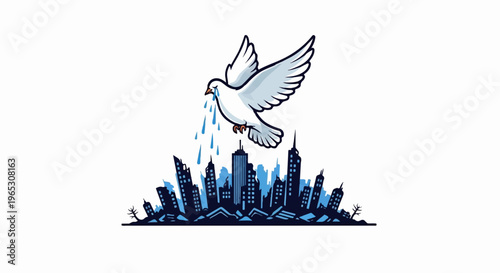 A crying dove sheds tears over a ruined city skyline