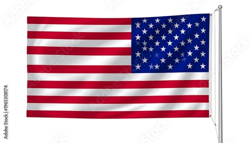 A digitally rendered image presents a flag of red and white stripes with a blue field containing white stars, mounted on a silver pole