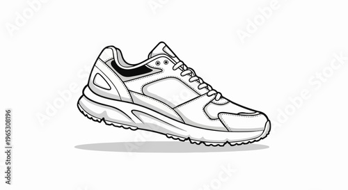 A detailed black and white illustration of a sporty, white athletic shoe