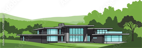 A modern, multi-story dark-colored home with expansive glass windows, set amidst lush green hills