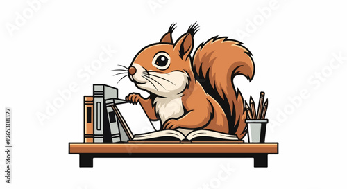 A cartoon squirrel reads a book on a desk with pencils and books