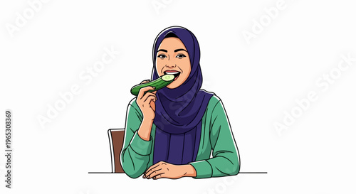 A person in a hijab eats a cucumber while seated