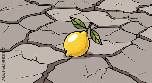 A single yellow lemon with green leaves rests on cracked, dry earth