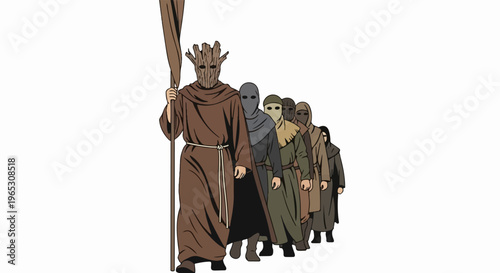 A line of robed figures in masks, one holding a staff with a banner