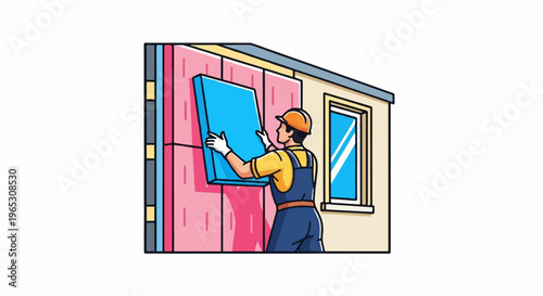 Worker installs insulation into wall of building exterior