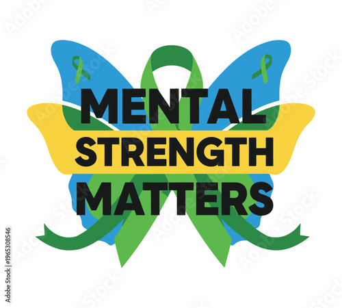 mental health awareness butterfly with green ribbon, psychological wellness and support illustration