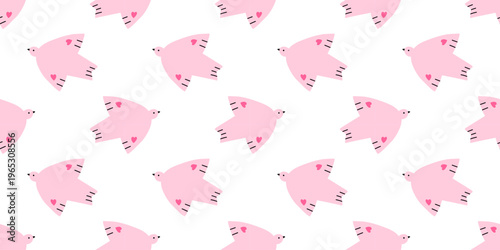 Vector seamless pattern with cute pastel pink dove bird and tiny heart detail on white background. Playful coquette bird print for kids fabric, gift wrapping paper, baby shower decor, wallpaper.