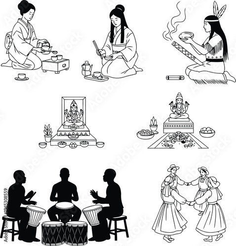 Black and white line art illustrations depicting diverse cultural traditions and ritual practices.