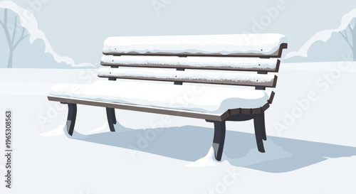 A park bench covered in snow sits in a quiet, winter landscape
