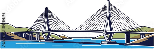 A modern cable-stayed bridge spans a bright blue body of water between two hilly shores