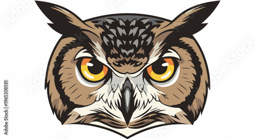 Stylized, detailed owl face illustration with piercing yellow eyes