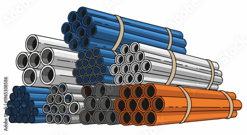 Stack of assorted color pipes, industrial material bundles