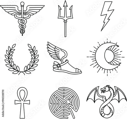 A collection of black and white line art drawings featuring various ancient mythological symbols