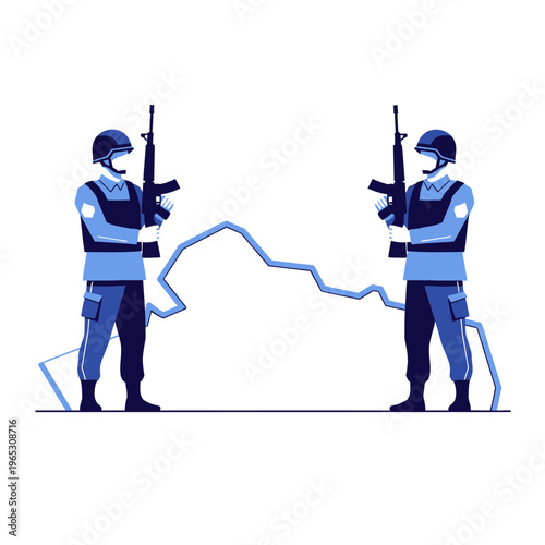 Two Soldiers Guarding a Border Line with Rifles