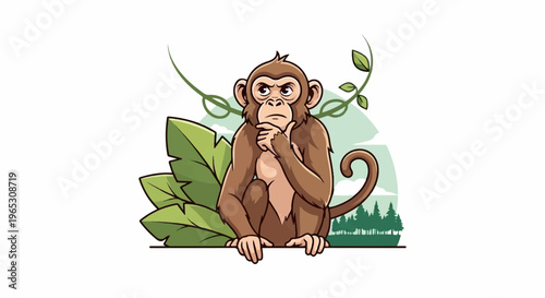 A brown monkey sits thoughtfully with leaves and vines in a forest setting
