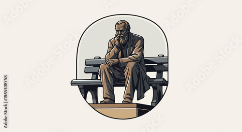A statue of a pensive bearded man sits on a park bench in a circular frame
